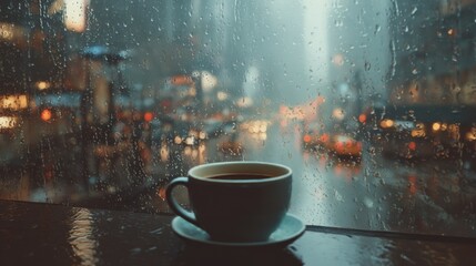 Cup with hot drink tea or coffee. Raindrops on glass window background. Wet city street view. Cozy moment at home or at office work on rainy day. Sad autumn season. Seasonal fall weather.