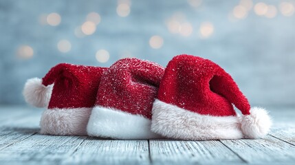 Three festive Santa hats on a wooden surface, evoking holiday cheer and seasonal celebrations. The soft bokeh background adds warmth, perfect for Christmas themes.
