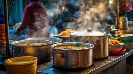Steaming pots of hot street food at a vibrant night market stall. Warm and inviting culinary experience for travel and asia tourism.