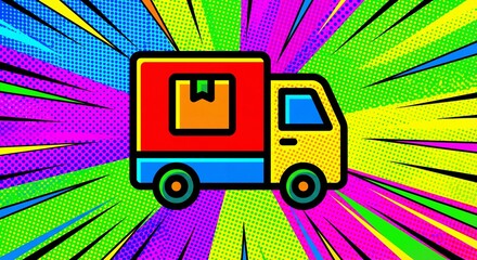 Pop Art Delivery Truck Speedy Shipping with Vibrant Comic Book Background
