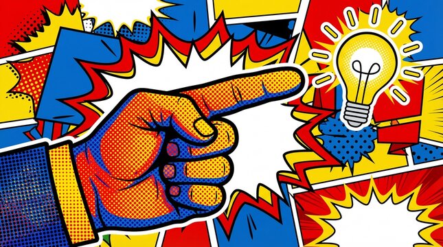 businessman showing finger new idea lamp pop comic art vibrant background