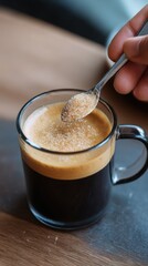 Man hand adding brown sugar to a glass cup of espresso or americano coffee. Sweetening morning hot drink. Concept of breakfast beverage. Vertical view.
