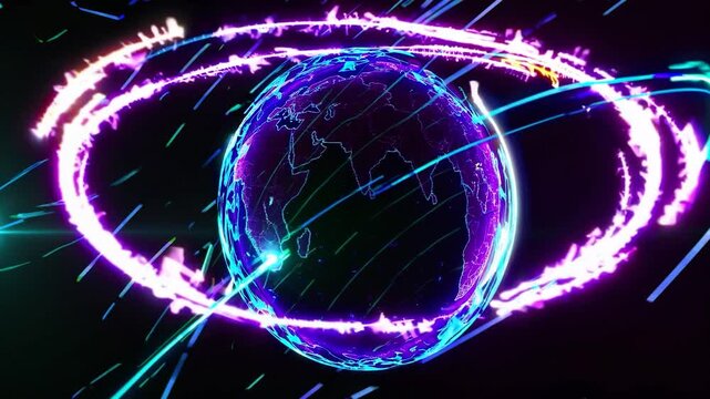 Futuristic digital earth rotating in space with glowing data streams. Animation representing global network, data transfer, and technology