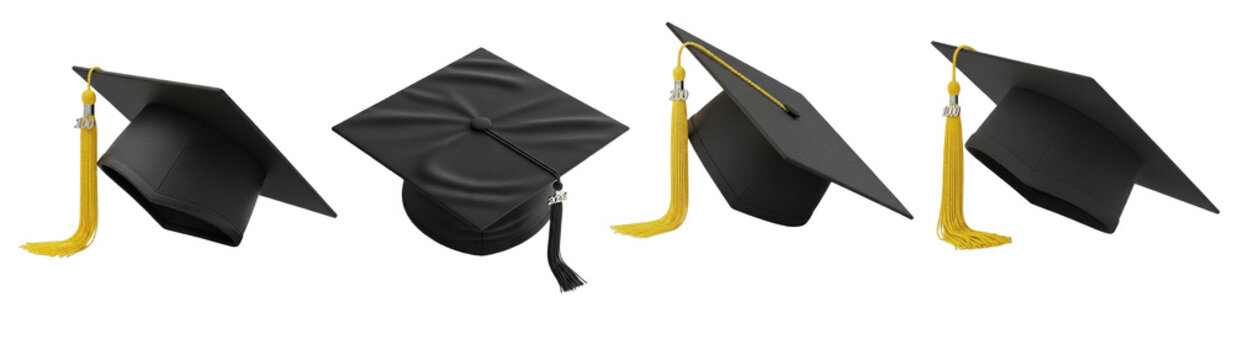 graduation caps, black academic mortarboards with gold tassels, university degree hats, school commencement ceremony gear, isolated white background, set, mockup