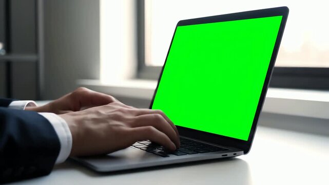 Close Up of a Businessman's Hands Typing on a Laptop with a Green Screen for Chroma Keying