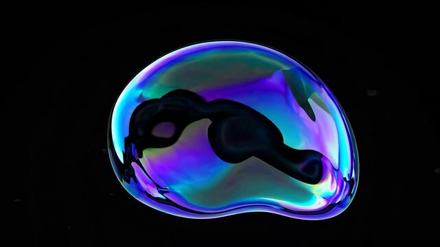 Colorful abstract iridescent sphere in motion, a psychedelic soap bubble that gently wobbles and transforms its shape on a dark backdrop