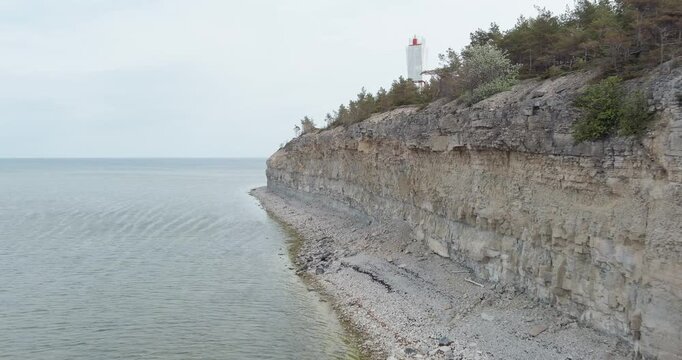 Aerial view of Panga cliff in cloudy spring weather, Saaremaa, Estonia.