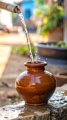 Water pouring into clay pot
