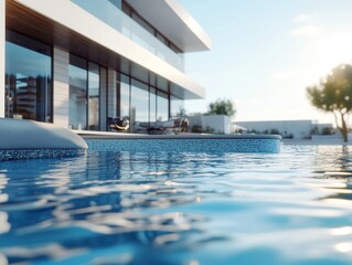 High-end outdoor living space with a sparkling blue pool and modern architecture.