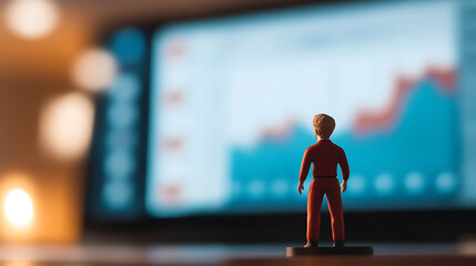 Figure gazes at a screen displaying a fluctuating graph, representing market dynamics and strategic decision-making.  Focus on data-driven analysis and navigating economic changes.