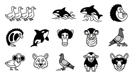 Obraz premium Set of various animals in simple black and white line art style