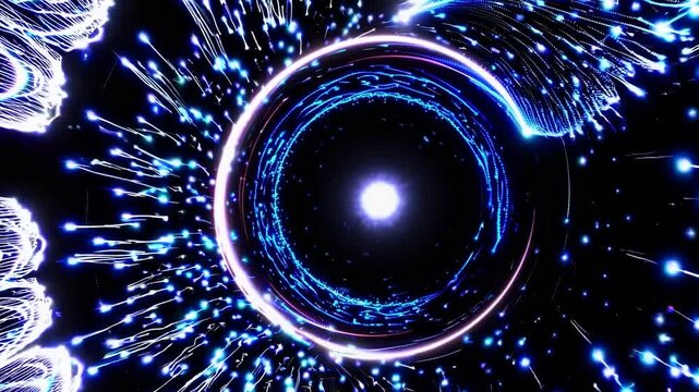 Glowing blue particles and light trails forming a swirling vortex in deep space. An abstract depiction of a wormhole or a futuristic portal