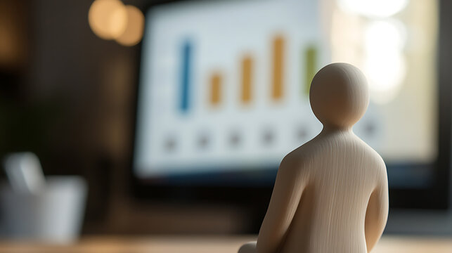 Wooden figure meditating in front of a computer screen displaying colorful data charts. Serene workspace, focus, and mindfulness in business. Relaxing in the office. - Powered by Adobe