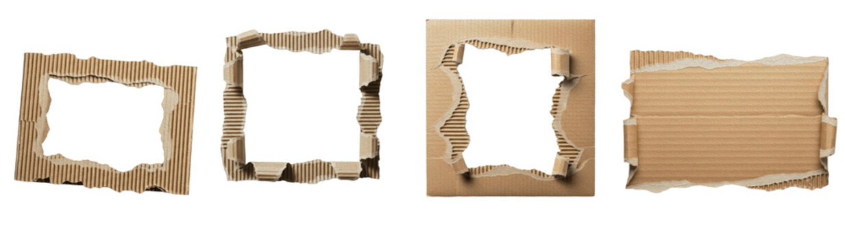 torn cardboard frames, ripped brown paper borders, hole in box, corrugated paper texture, isolated white background, rough edges, kraft paper window, template