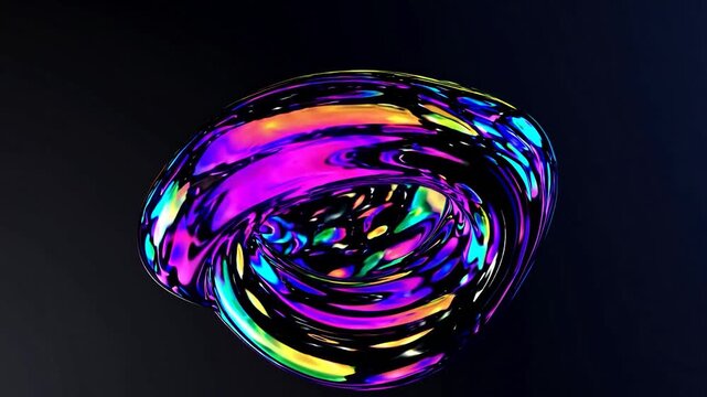 Fluid abstract torus shape rotating on a dark background. Shifting liquid surface with vibrant iridescent colors and holographic effect