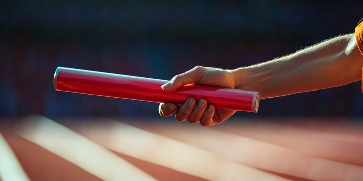 Person holding relay race baton against blue background