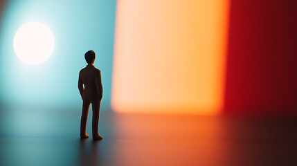 Obraz premium A lone figure stands poised on the edge of possibility. Illuminated by gradients of color, he looks forward, an icon of ambition and the courage to pursue uncharted paths.