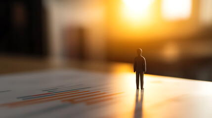 A miniature person faces a chart with warm sunlight in the background.  The figure observes data, contemplating decisions with a bright future ahead. Strategy and reflection.