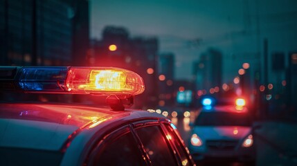 Emergency in the city, lights flash atop a responding vehicle against the muted cityscape at twilight, ensuring safety and order amidst the urban hustle.