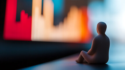 Figure contemplates colorful, blurred data trends on screen. Symbolic of analysis, reflection, and information overload. Moody blue, red, orange, and gray tones.