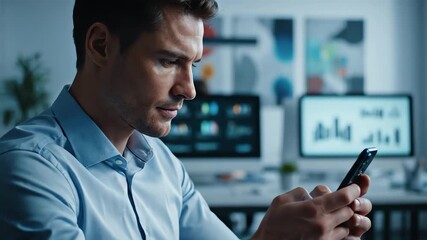 Focused businessman using smartphone in modern office with computer screens displaying data - Powered by Adobe