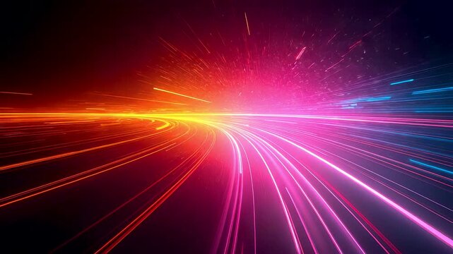 Vivid neon energy streams racing through dark space with radiant color bursts, smooth motion trails, and powerful high speed abstract depth