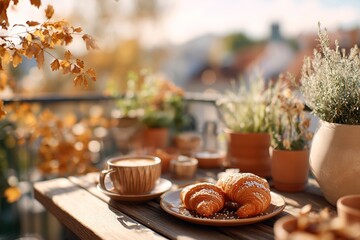 Enjoying a sunny balcony breakfast with croissants and coffee surrounded by vibrant plants