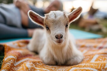 Adorable baby goat on an orange blanket