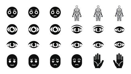 Set of human body parts and facial expressions in flat black vector style