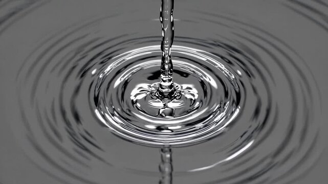 Clear liquid pouring into a calm surface, creating mesmerizing concentric ripples spreading outward. Liquid motion concept with reflecting light