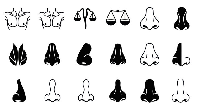 Set of human body parts and comparison icons in black and white style