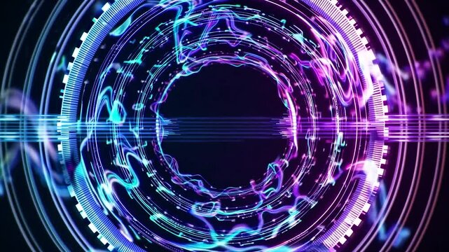 Neon glowing rings and ethereal energy waves creating a dynamic circular motion. Abstract futuristic portal or high tech scientific data display
