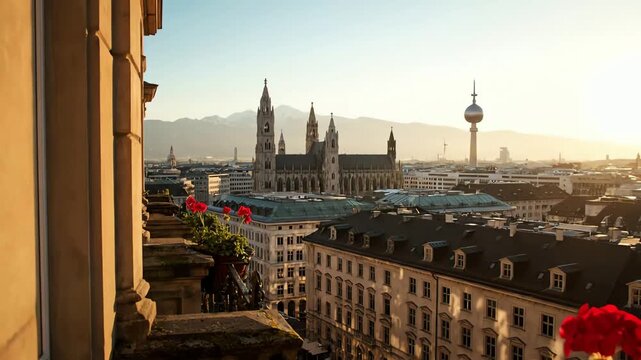 Balcony view of historic European city skyline with red geraniums at sunrise