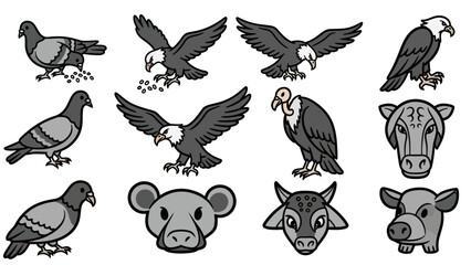 Fototapeta premium Set of various birds and animals in vector illustrations isolated elements