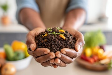Hands holding rich soil with sprouts in a kitchen