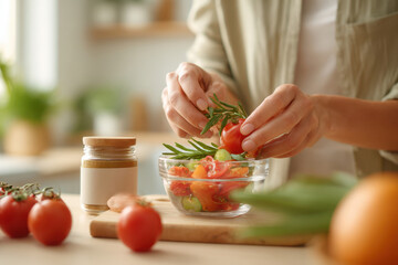 Preparing a fresh salad with tomatoes and herbs