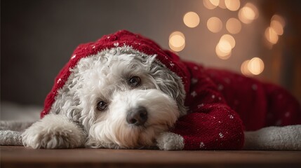 A fluffy, charming dog rests calmly under the lights, wearing a festive red sweater with star patterns. A heartwarming scene of holiday serenity and canine coziness.
