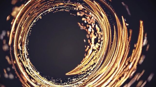 Abstract background with glowing golden particles forming a swirling circle. Elegant and magical light trail vortex for awards or events