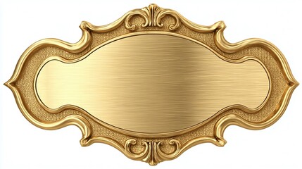 Golden ornate plaque, antique style. This elegant frame features an exquisite gold finish and detailed border, ideal for personalized engravings or displays on white background.