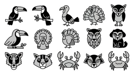 Obraz premium Set of black and white cartoon animals and birds illustrations on white
