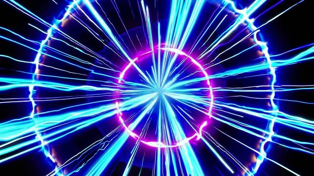 Abstract futuristic flight through a seamless vj loop tunnel with glowing blue and magenta neon lights. Hyperspace or wormhole concept animation