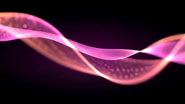 Abstract pink and orange wave background with flowing particles.