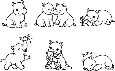 Whimsical Hippo Sketches: A collection of adorable baby hippos in various playful poses, exuding charm and cuteness, rendered in simple, endearing line art.
