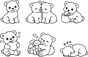 Cute bear icons in Sketch style: A collection of adorable bear illustrations in sketch style, capturing a variety of expressions and activities, perfect for design and decoration.