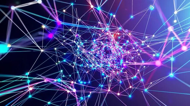 Abstract futuristic flight through a glowing plexus tunnel. Blue and purple neon nodes connected by lines in a data grid structure