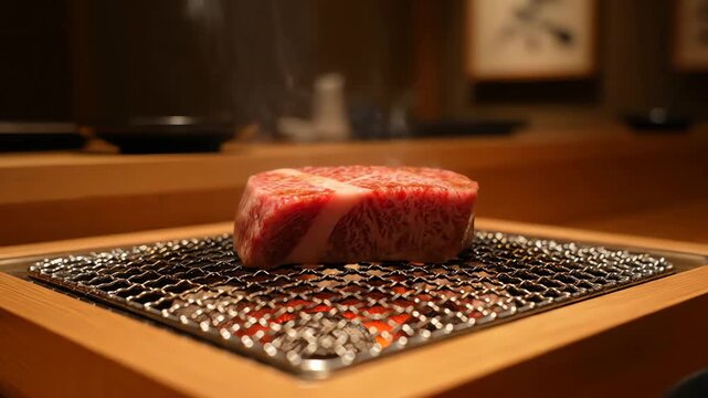 Delicious Wagyu Beef Steak Grilling Over Hot Coals on a Barbecue Grill with Smoke Rising