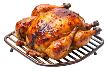 Perfectly grilled whole chicken displayed on a cooling rack against a plain white background
