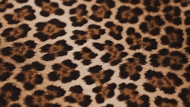 Close up dynamic zoom revealing intricate leopard print fabric texture and pattern