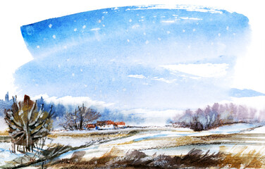  Winter landscape with a small village.