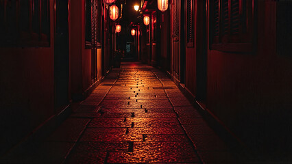 Mysterious Alleyway Illuminated by Traditional Lanterns at Night.